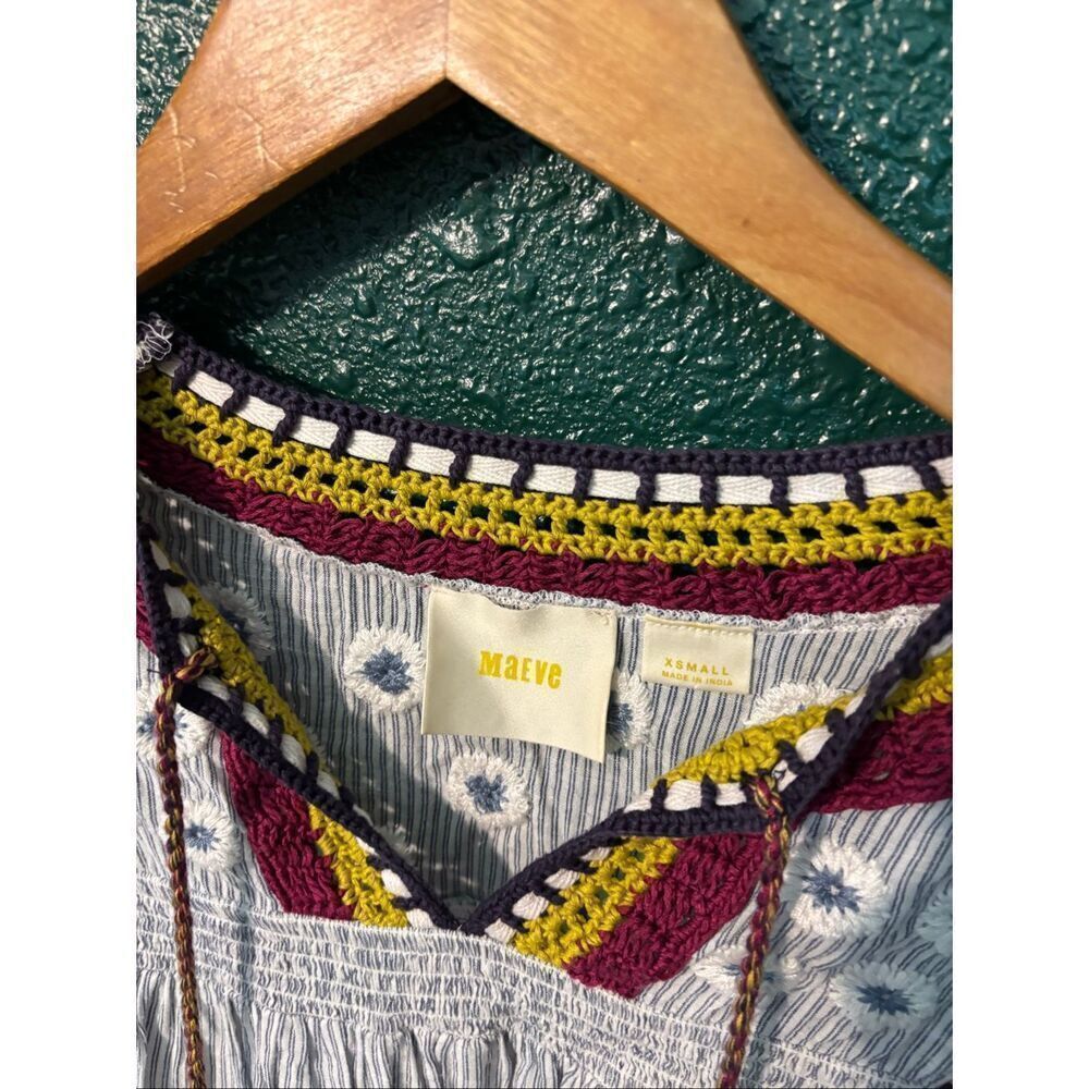 Anthropologie Maeve Blue Striped Yarn Embellished Dress Short Flare Sleeves Sz X - Picture 2 of 4